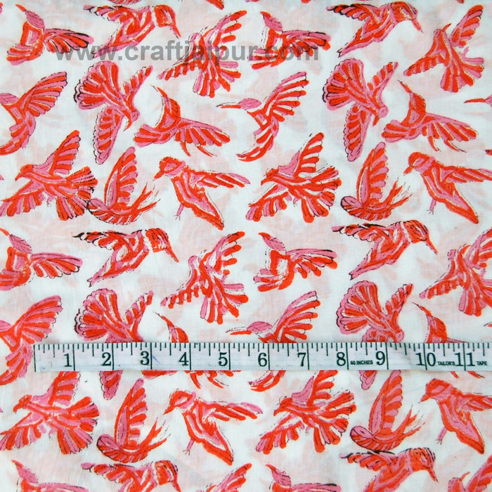 Flying Bird Block Printed Indian Natural Cotton Voile Fabric-Craft Jaipur