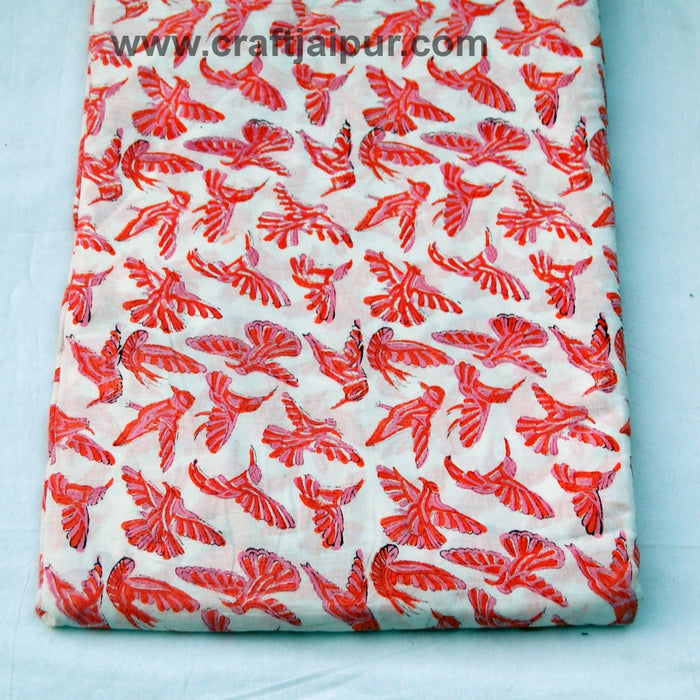 Flying Bird Block Printed Indian Natural Cotton Voile Fabric-Craft Jaipur