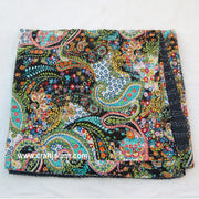 Indian Kantha Quilt, Hand Block Fruit Printed, Tropical Black Queen Bedspread