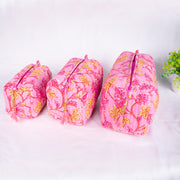 Set of 3 Pieces Indian Cotton Handmade Floral Block Print Toiletry Bag Storage, Cosmetic Organizer,Travel bag, Vanity Case Quilted Wash Bag