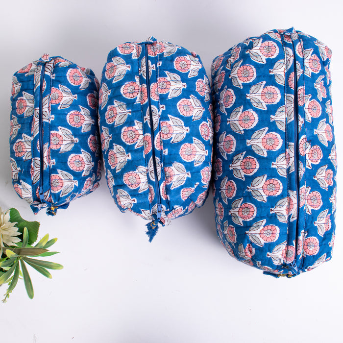 Cotton Quilted Wash Bags,toiletry Bags, Block Printed White Floral