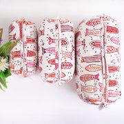 Block Print Cosmetic Bag, Makeup Pouch, Fish Print Wash Bag, Stocking Filler