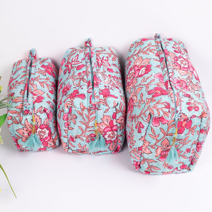 Set Of 3 Makeup Bag, Block Print Cotton Toilet Bag, Toiletry Bags, Cosmetic Bag, Block Print Bag