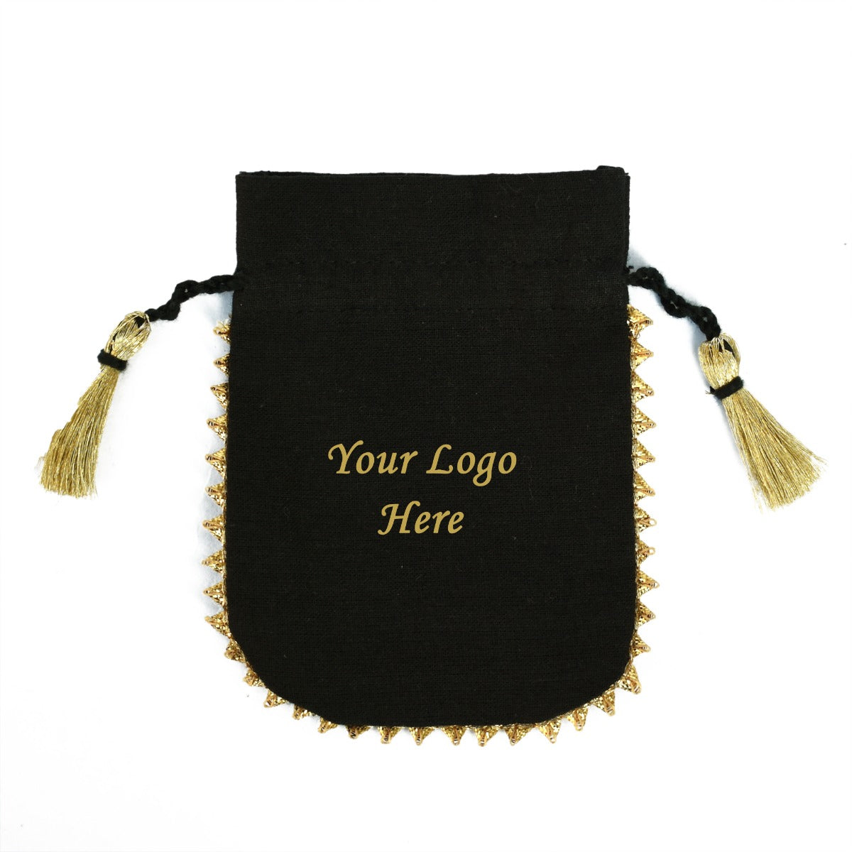 100 pcs Personalized Logo Small Drawstring Cotton Bottom Gold Lace Bags Black Jewelry Pouches - CraftJaipur