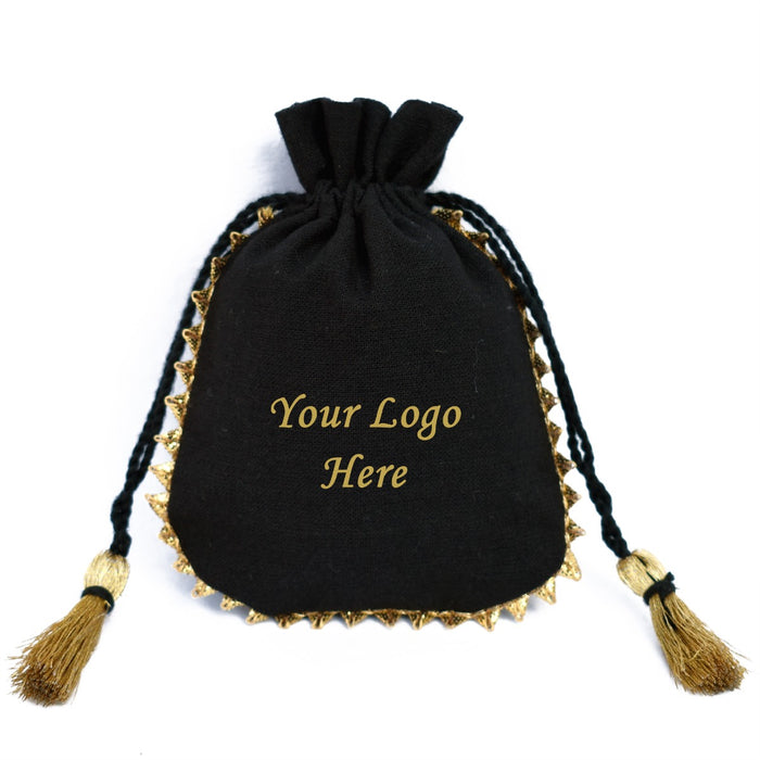 100 pcs Personalized Logo Small Drawstring Cotton Bottom Gold Lace Bags Black Jewelry Pouches - CraftJaipur