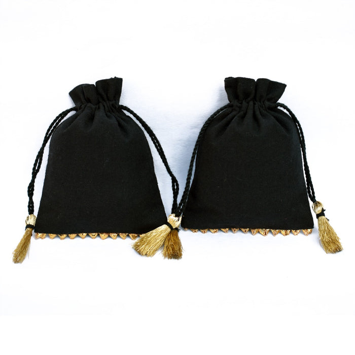 Handmade Indian Cotton Jewelry Pouch Black, Small Wedding Gift Bags - CraftJaipur