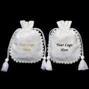 White Designer Jewelry Pouches with Custom Logo, Drawstring Packaging Pouch with PomPom 100 pcs – CraftJaipur