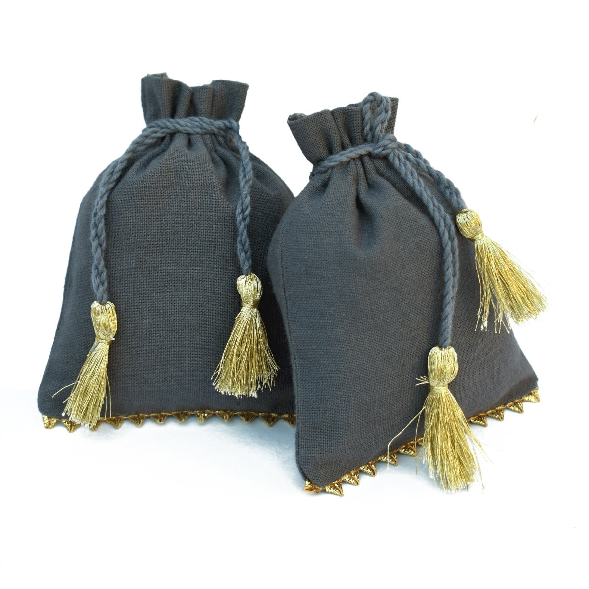 Bottom Gold Lace Jewelry Bags, Wedding Gift Cotton Gray Pouches - CraftJaipur