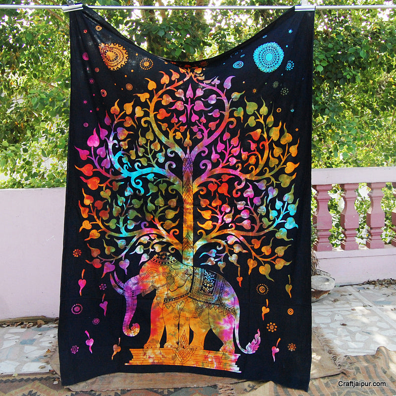 Multi-Elephant Tree Of Life Tie Dyed Wall Hanging Tapestry - CraftJaipur
