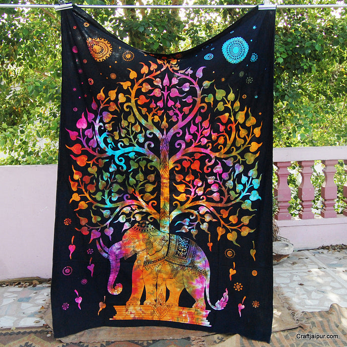 Multi-Elephant Tree Of Life Tie Dyed Wall Hanging Tapestry-Craft Jaipur