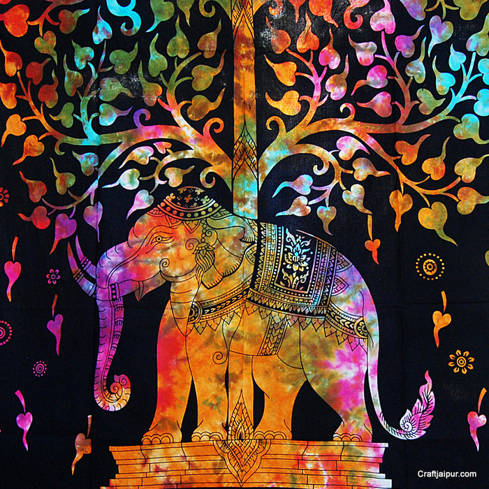 Multi-Elephant Tree Of Life Tie Dyed Wall Hanging Tapestry-Craft Jaipur