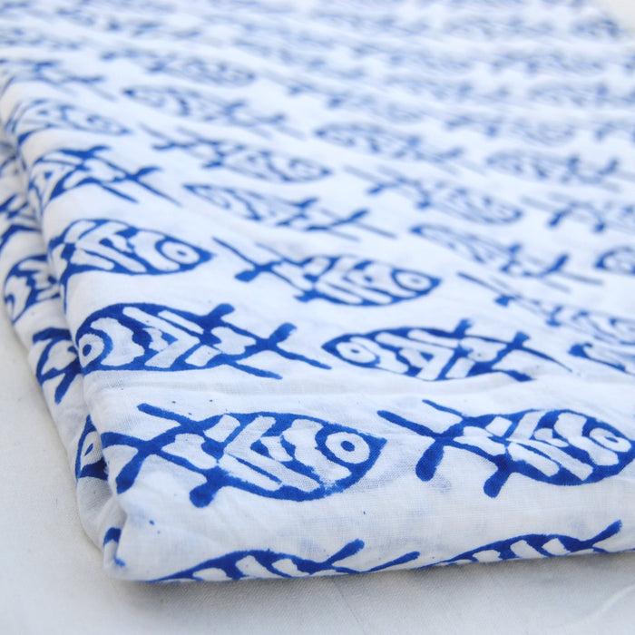 Indigo Fish Block Printed Indian Cotton Dress Sewing Fabric-Craft Jaipur