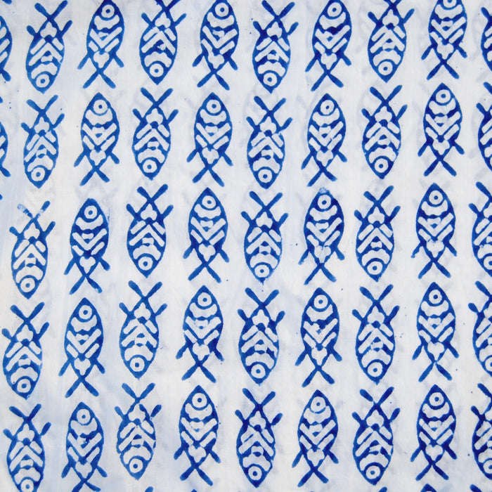 Indigo Fish Block Printed Indian Cotton Dress Sewing Fabric-Craft Jaipur