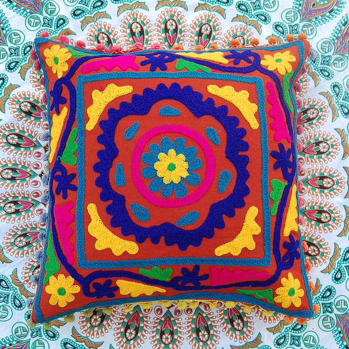 Cotton Suzani Pillow Embroidery Floral Cushion Cover - CraftJaipur