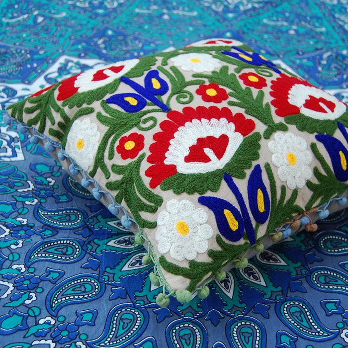 Suzani Embroidery Cushion Cover Indian Pillow Pom Pom-Craft Jaipur