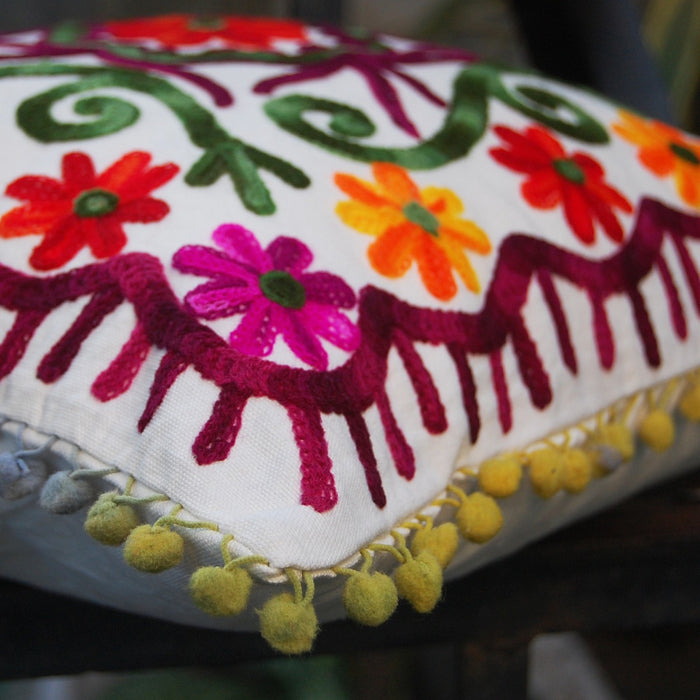 Suzani Pom Pom Pillow Cover Embroidered Cushion Cover-Craft Jaipur