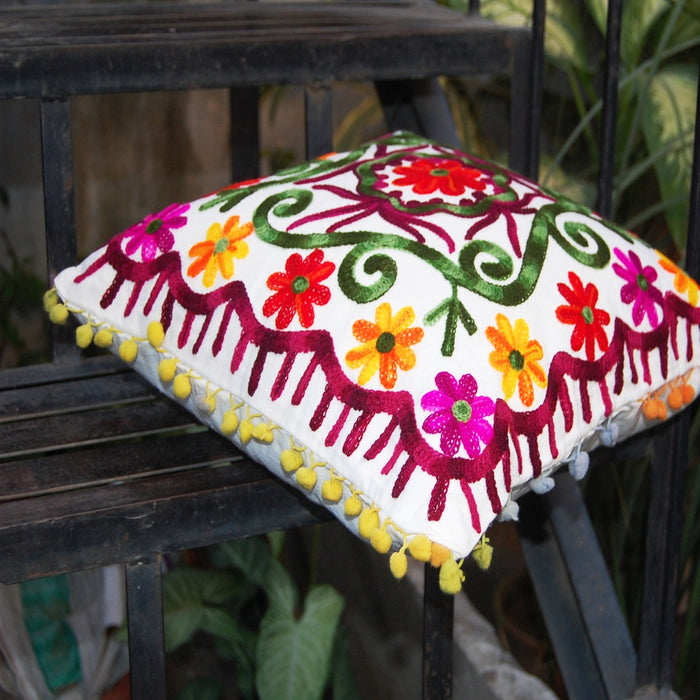 Cushion Cover Suzani Embroidery Pom Pom Uzbek Pillow Cases - CraftJaipur