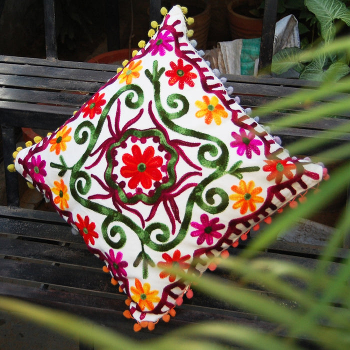 Suzani Pom Pom Pillow Cover Embroidered Cushion Cover-Craft Jaipur
