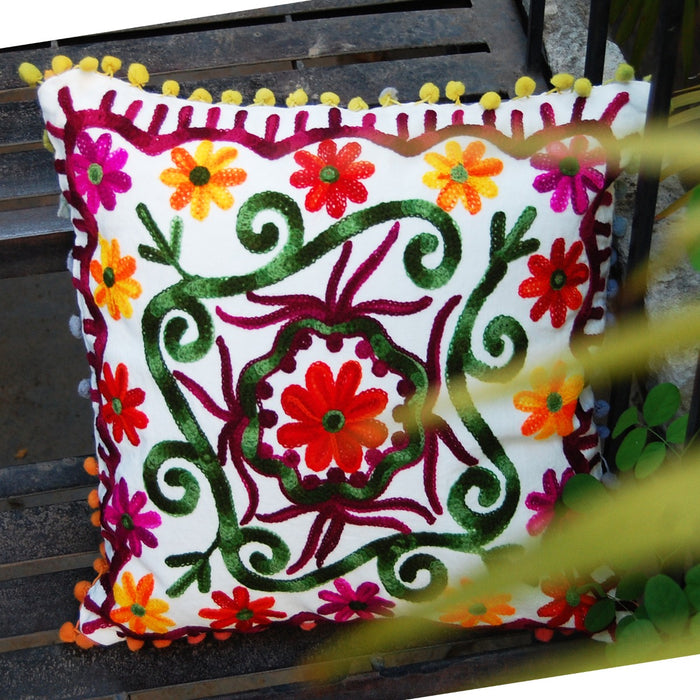 Cushion Cover Suzani Embroidery Pom Pom Uzbek Pillow Cases - CraftJaipur