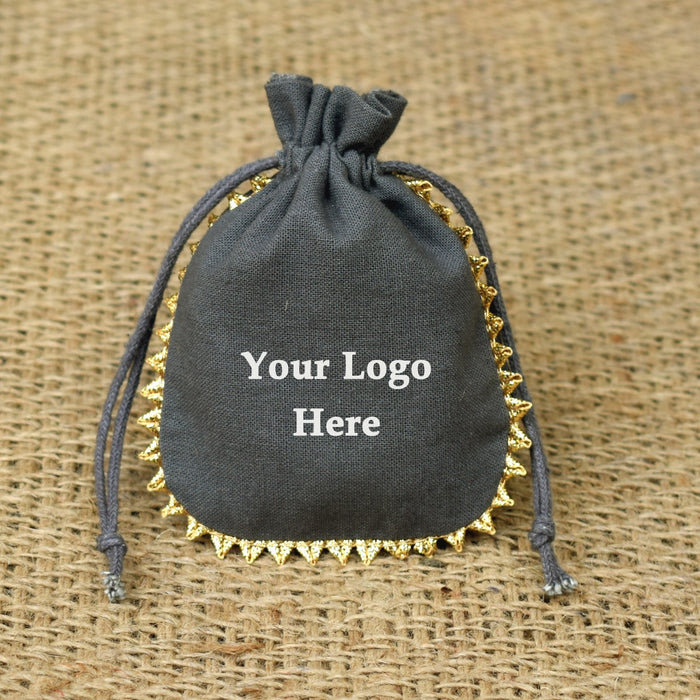 Personalized Logo Small Bags Round Gold Lace Handmade Jewelry Grey Pouches - CraftJaipur