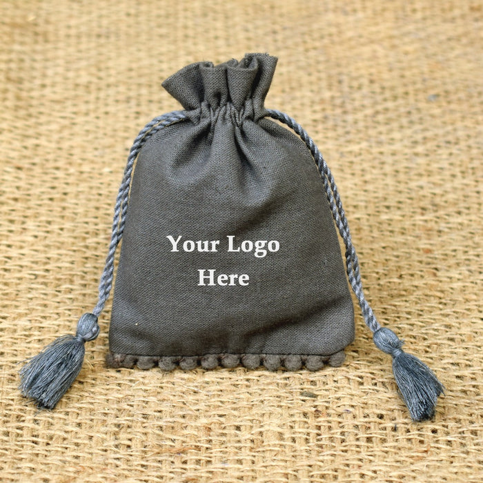 Personalized Logo Small Tassels Bags Round Pom Pom Handmade Jewelry Grey Pouches - CraftJaipur
