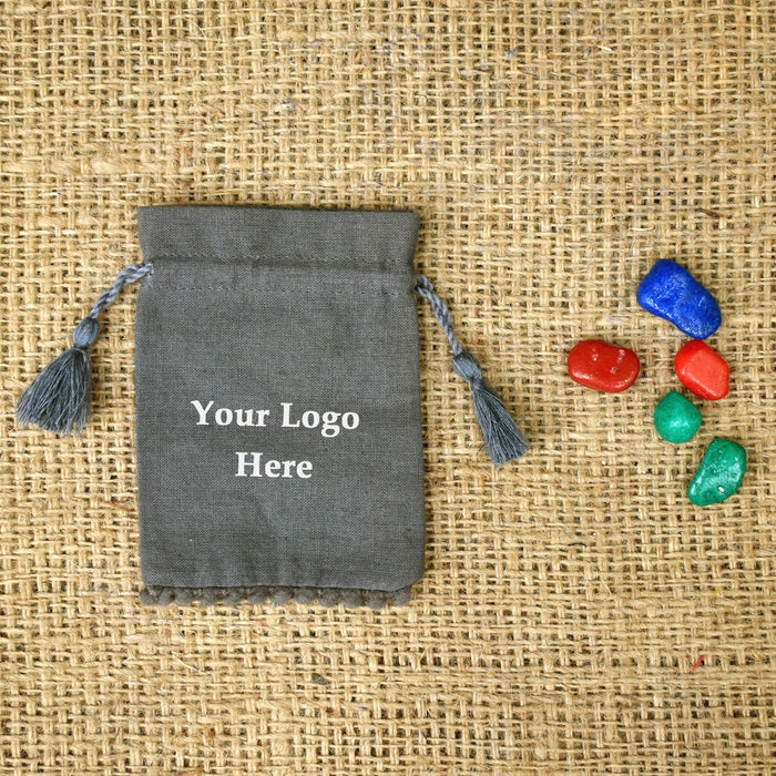 Personalized Logo Small Tassels Bags Round Pom Pom Handmade Jewelry Grey Pouches - CraftJaipur