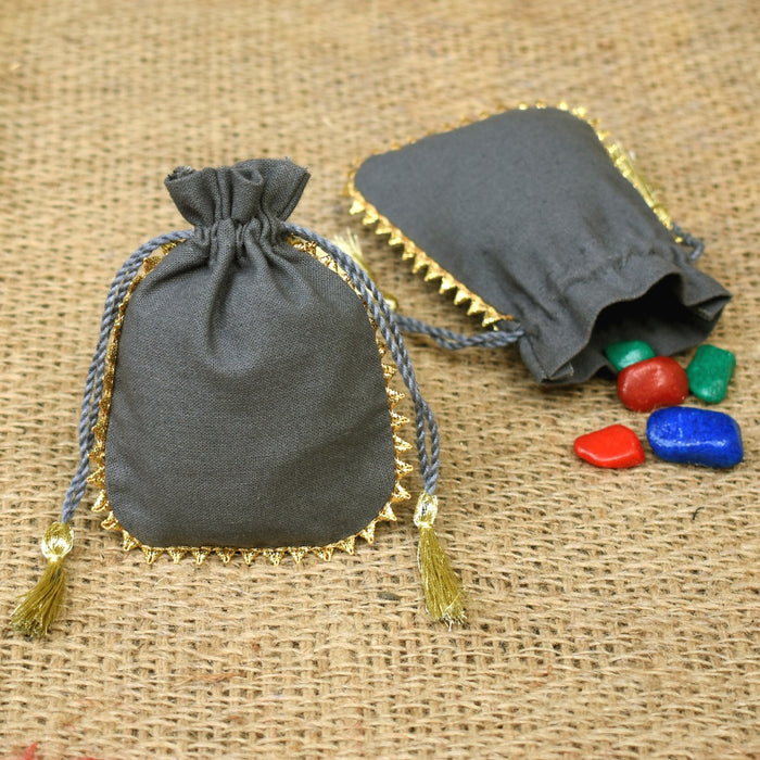 Personalized Logo Small Tassels Bags Round Gold Lace Handmade Jewelry Grey Pouches - CraftJaipur