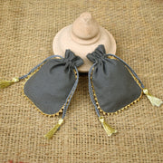 Personalized Logo Small Tassels Bags Round Gold Lace Handmade Jewelry Grey Pouches - CraftJaipur