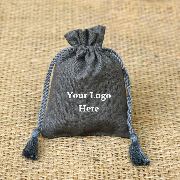 Personalized Logo Small Drawstring Cotton Bags Handmade Jewelry Gray Pouches - CraftJaipur