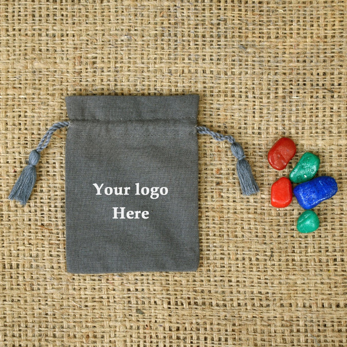 Personalized Logo Small Drawstring Cotton Bags Handmade Jewelry Gray Pouches - CraftJaipur