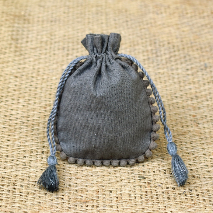Personalized Logo Small Drawstring Cotton Round Bags Handmade Jewelry Grey Pouches - CraftJaipur