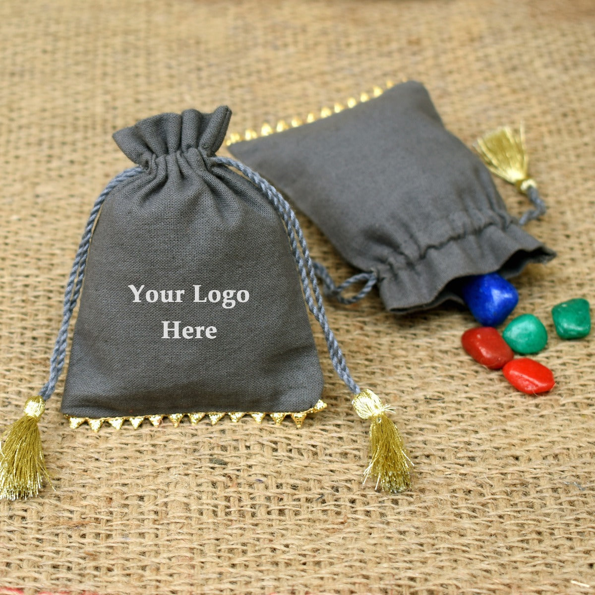 Personalized Logo Small Drawstring Cotton Bottom Gold Lace Bags Handmade Jewelry Grey Pouches - CraftJaipur