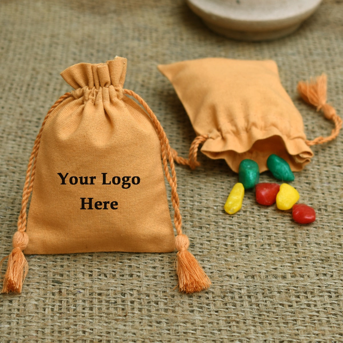 Personalized Logo Small Drawstring Cotton Bags, Handmade Jewelry Golden Pouches - CraftJaipur