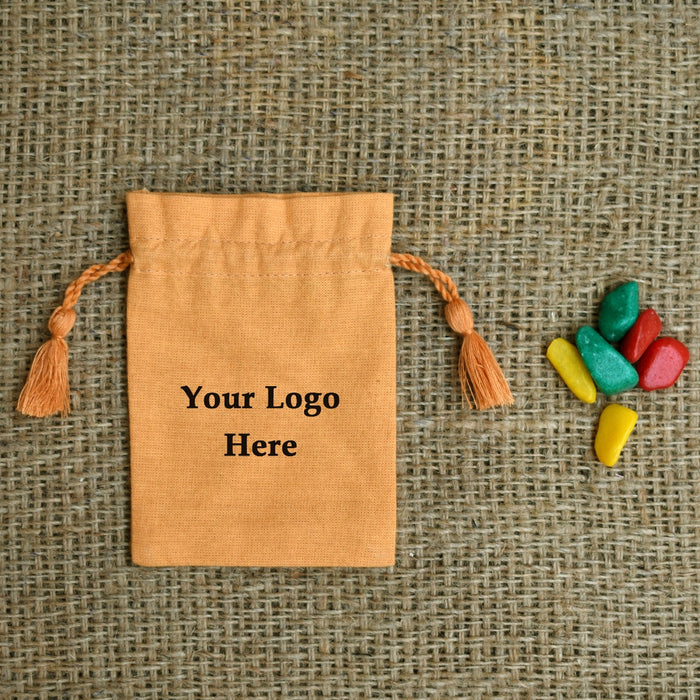 Personalized Logo Small Drawstring Cotton Bags, Handmade Jewelry Golden Pouches - CraftJaipur