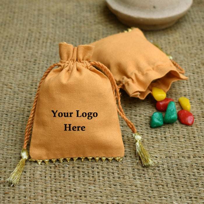 Personalized Logo Small Drawstring Cotton Bags Bottom Gold lace Handmade Jewelry Golden Pouches - CraftJaipur