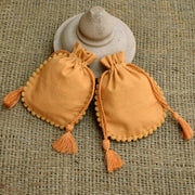 Personalized Logo Small Drawstring Tassels Cotton Bags Round Pom Pom Handmade Jewelry Golden Pouches - CraftJaipur