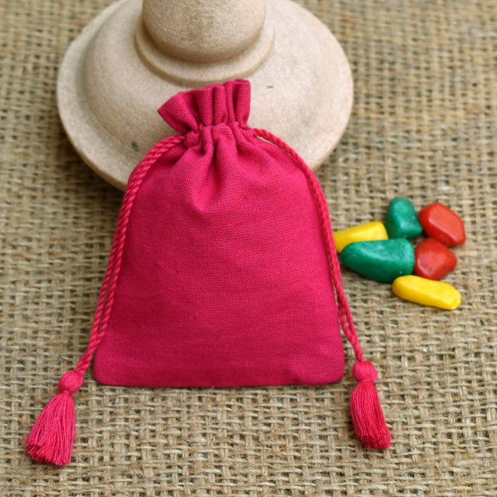 Personalized Logo Small Drawstring Tassels Cotton Bags Handmade Jewelry Pink Pouches - CraftJaipur