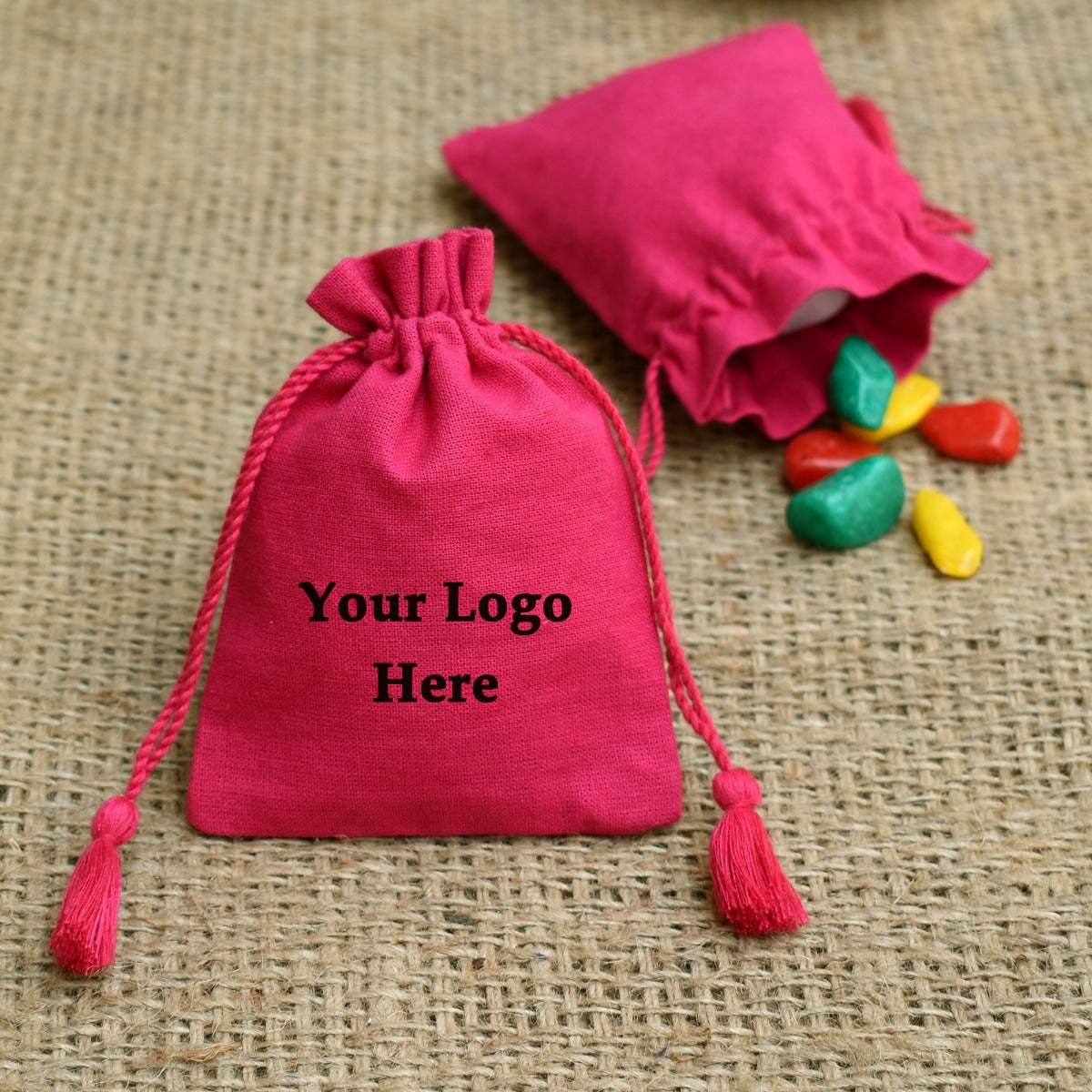 Personalized Logo Small Drawstring Tassels Cotton Bags Handmade Jewelry Pink Pouches - CraftJaipur