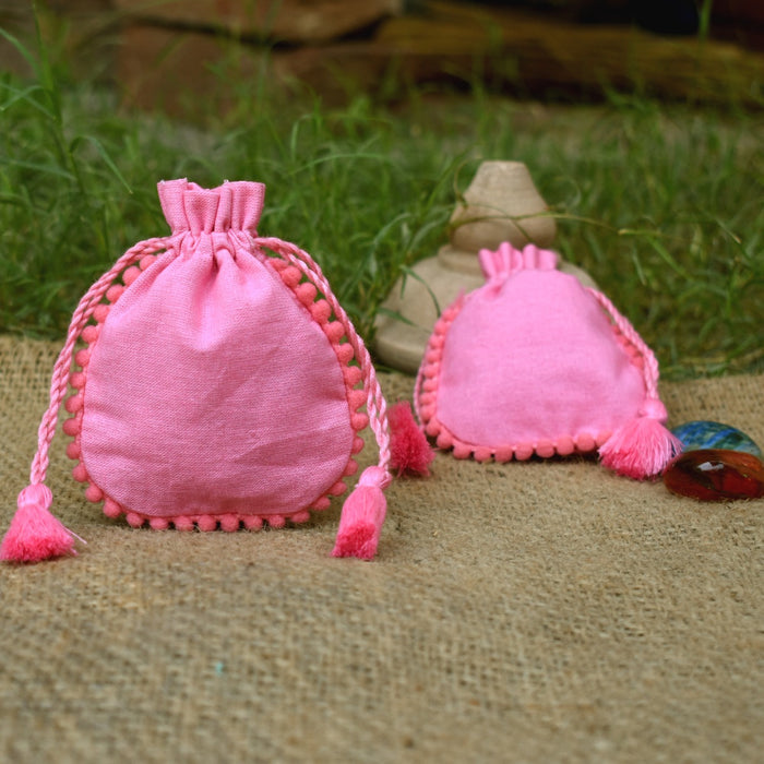 Designer Baby Pink Drawstring Round Small Jewelry Pouches - CraftJaipur