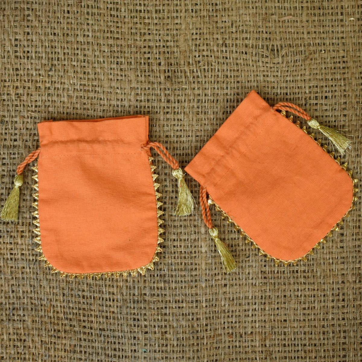 Cotton Small Packaging Bag, Round Gold Lace Orange Pouches - CraftJaipur