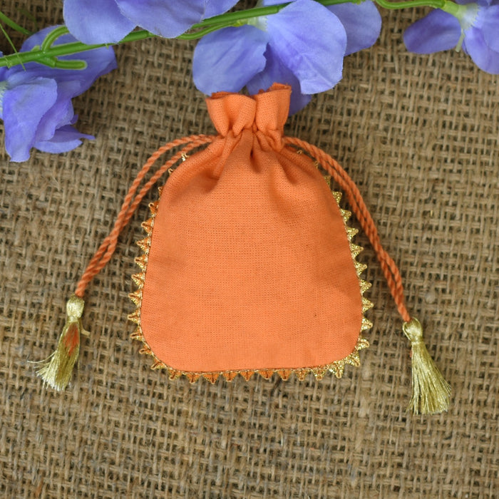 Cotton Small Packaging Bag, Round Gold Lace Orange Pouches - CraftJaipur