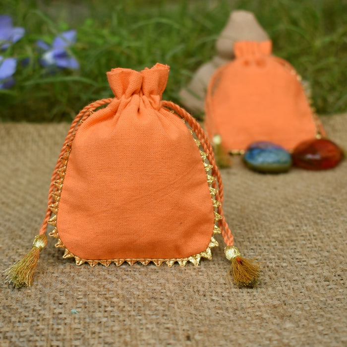 Cotton Small Packaging Bag, Round Gold Lace Orange Pouches - CraftJaipur