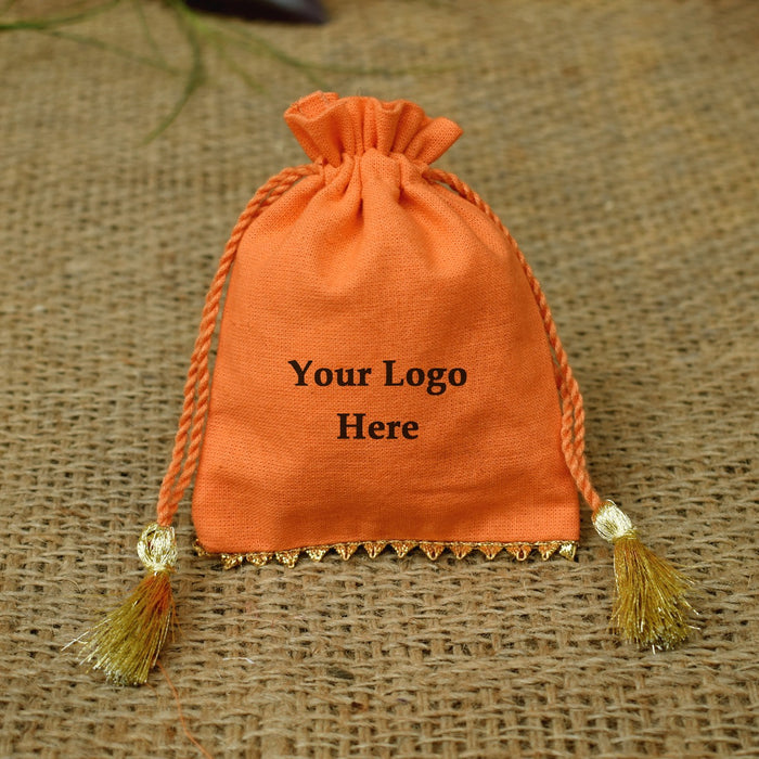 Personalized Logo Small Bags Gold Lace Handmade Jewelry Orange Pouches - CraftJaipur