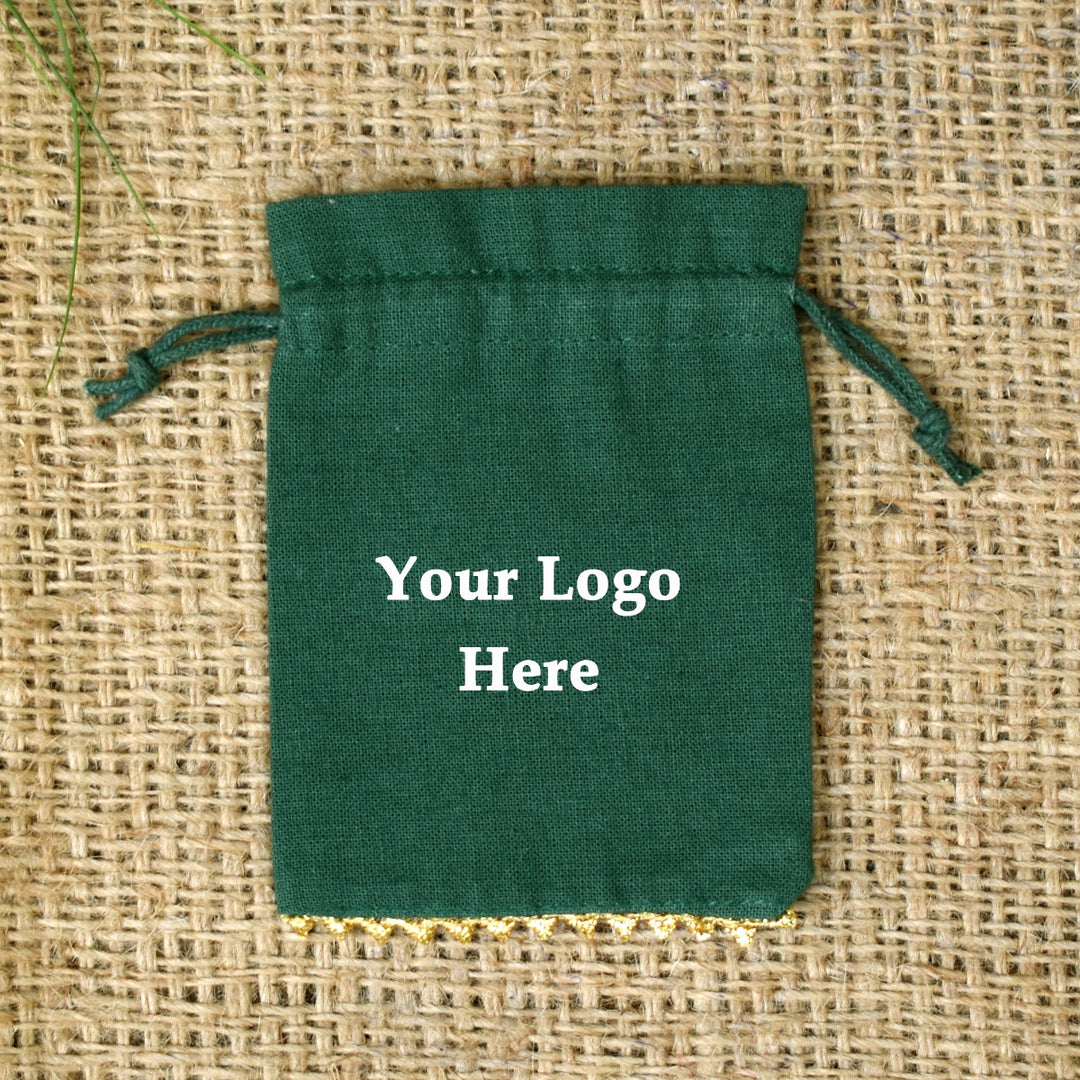 Personalized Logo Small Bags Gold Lace Handmade Jewelry Green Pouches Wedding Favor Bags – CraftJaipur