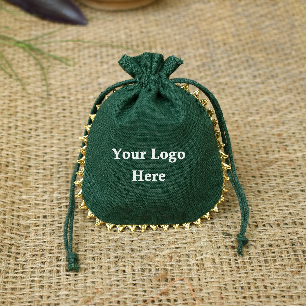 Personalized Logo Small Bags Round Gold Lace Handmade Jewelry Green Pouches - CraftJaipur