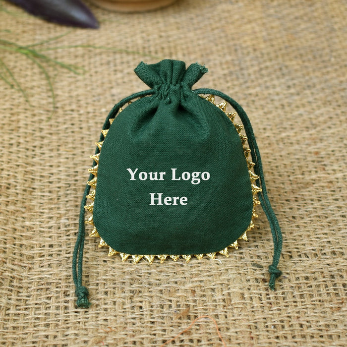 Personalized Logo Small Bags Round Gold Lace Handmade Jewelry Green Pouches - CraftJaipur