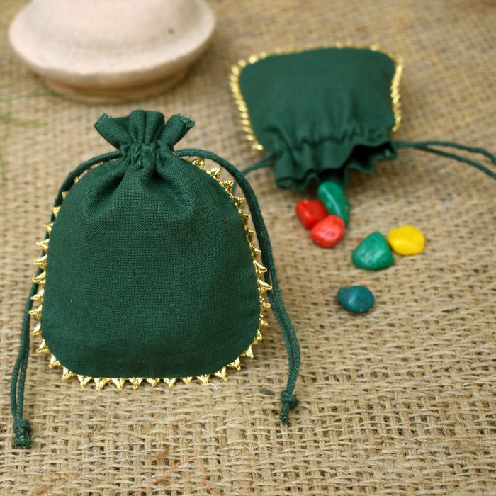 Personalized Logo Small Bags Round Gold Lace Handmade Jewelry Green Pouches - CraftJaipur