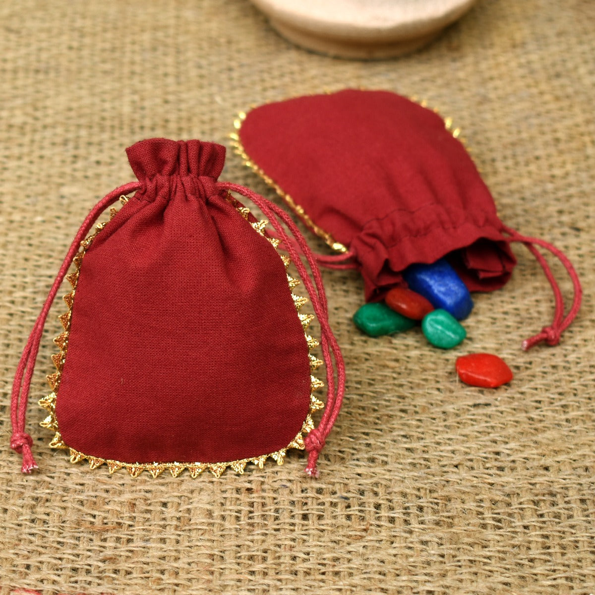 Personalized Logo Small Bags Round Gold Lace Handmade Jewelry Maroon Pouches - CraftJaipur