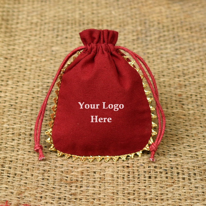 Personalized Logo Small Bags Round Gold Lace Handmade Jewelry Maroon Pouches - CraftJaipur