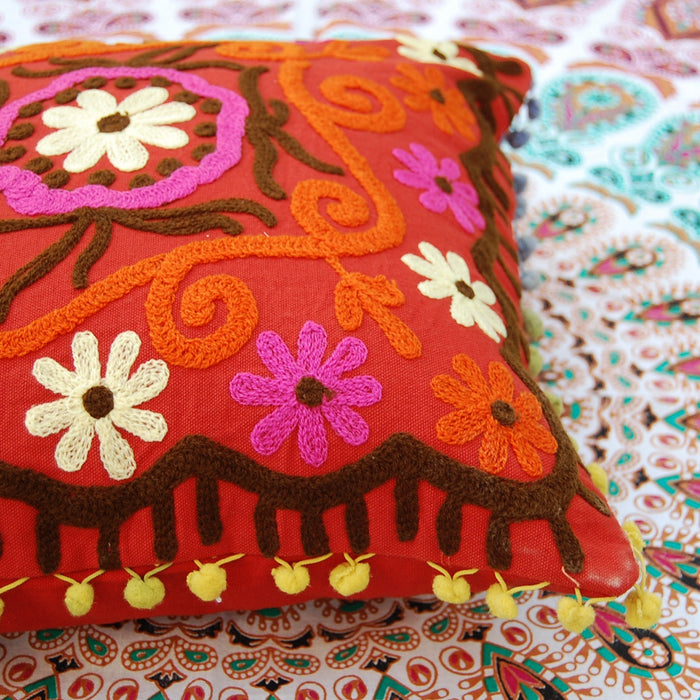 Suzani Embroidery Cushion Cover Pom Pom Pillows Boho-Craft Jaipur